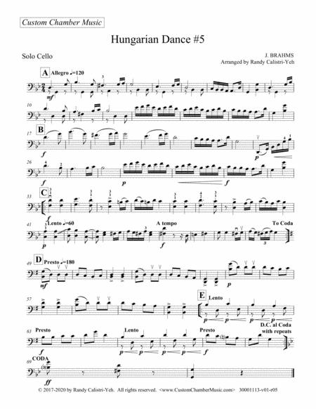 Brahms Hungarian Dance 5 Solo Cello Viola Sheet Music