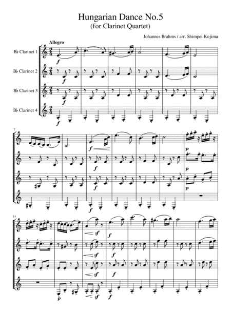 Brahms Hungarian Dance No 5 For Clarinet Quartet Sheet Music