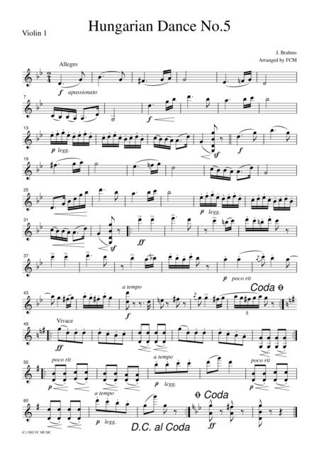 Free Sheet Music Brahms Hungarian Dance No 5 For String Quartet Cb303