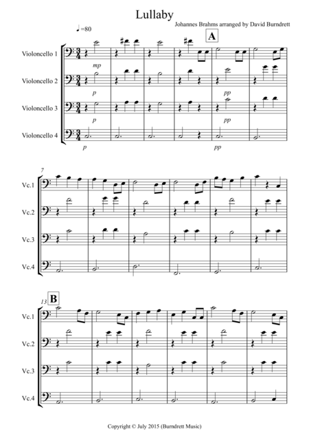 Brahms Lullaby For Cello Quartet Sheet Music