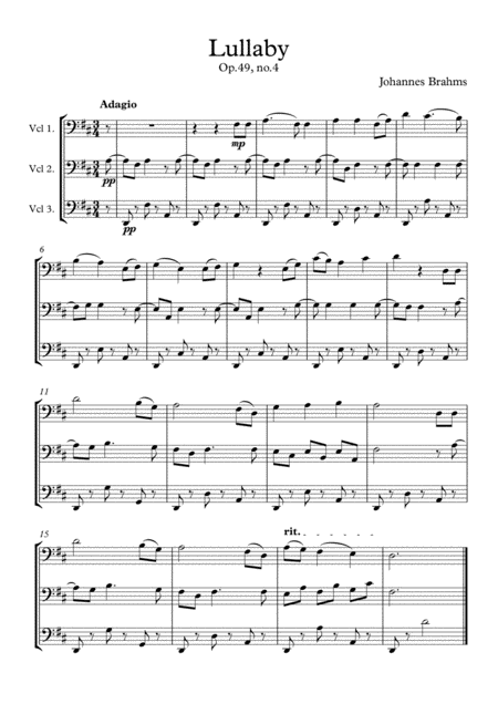 Brahms Lullaby For Cello Trio Sheet Music