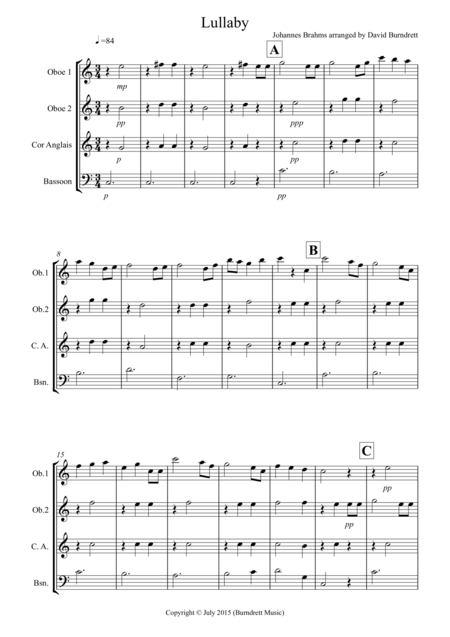 Brahms Lullaby For Double Reed Quartet Sheet Music