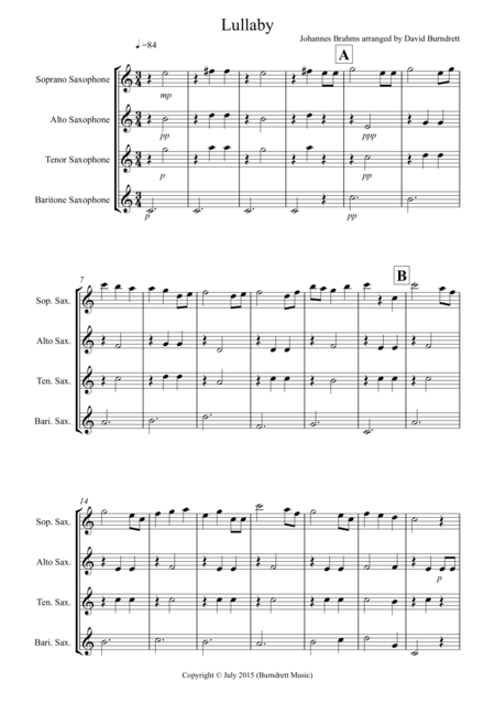Free Sheet Music Brahms Lullaby For Saxophone Quartet