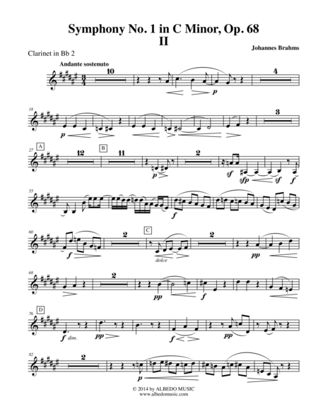 Free Sheet Music Brahms Symphony No 1 Movement Ii Clarinet In Bb 2 Transposed Part Op 68