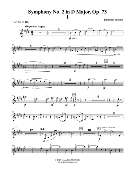 Free Sheet Music Brahms Symphony No 2 Movement I Clarinet In Bb 1 Transposed Part Op 73