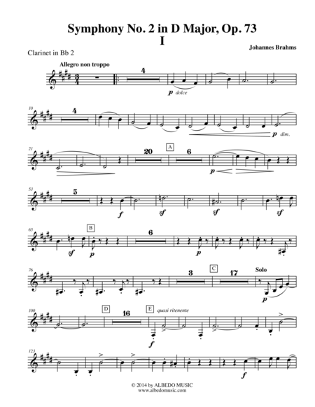 Free Sheet Music Brahms Symphony No 2 Movement I Clarinet In Bb 2 Transposed Part Op 73