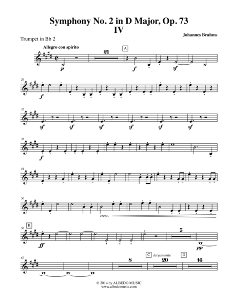 Free Sheet Music Brahms Symphony No 2 Movement Iv Trumpet In Bb 2 Transposed Part Op 73