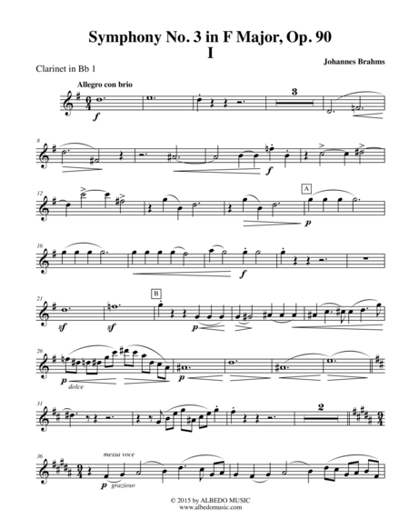 Free Sheet Music Brahms Symphony No 3 Movement I Clarinet In Bb 1 Transposed Part Op 90