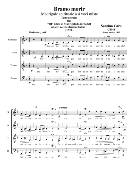 Bramo Morir Spiritual Madrigale For Choir Satb A Cappella Sheet Music