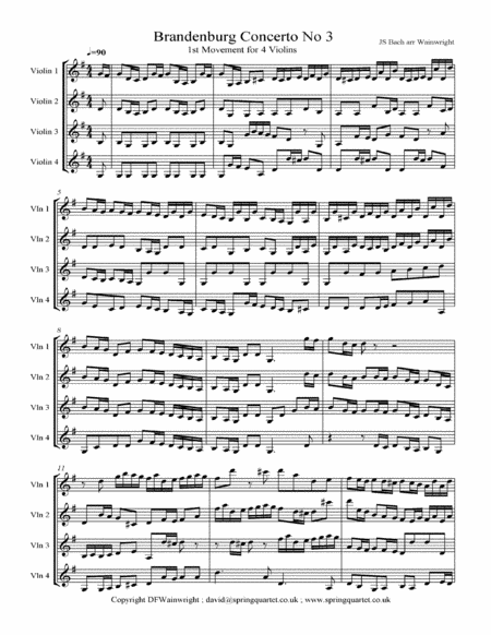 Brandenburg Concerto No 3 By Js Bach For Four Violins With Score Parts Mp3 Sheet Music