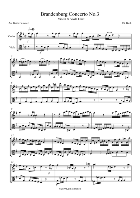 Brandenburg Concerto No 3 Violin Viola Duet Sheet Music