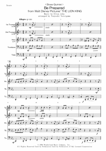 Free Sheet Music Brass Quintet Be Prepared From Walt Disney Pictures The Lion King