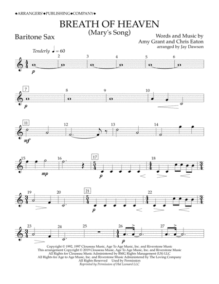 Breath Of Heaven Marys Song Arr Jay Dawson Baritone Sax Sheet Music