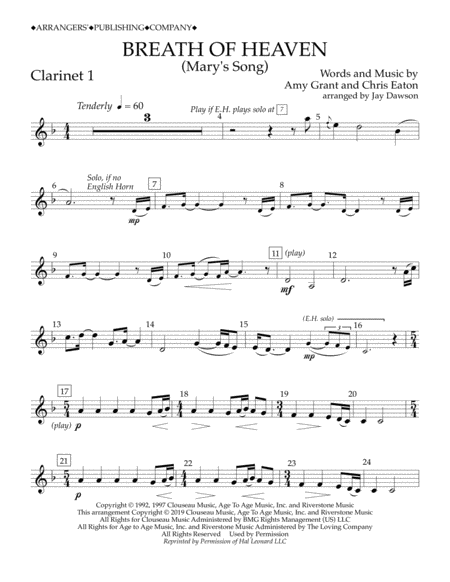 Breath Of Heaven Marys Song Arr Jay Dawson Clarinet 1 Sheet Music