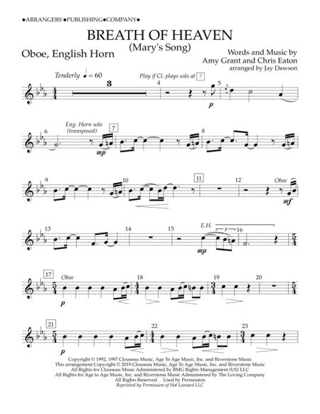 Breath Of Heaven Marys Song Arr Jay Dawson Oboe English Horn Sheet Music