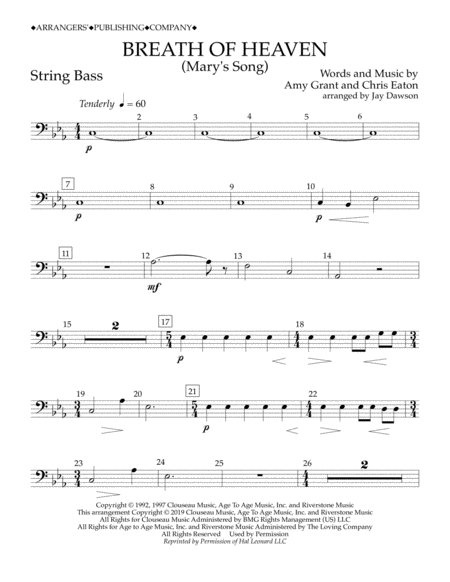 Breath Of Heaven Marys Song Arr Jay Dawson String Bass Sheet Music