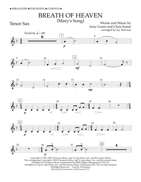 Free Sheet Music Breath Of Heaven Marys Song Arr Jay Dawson Tenor Sax