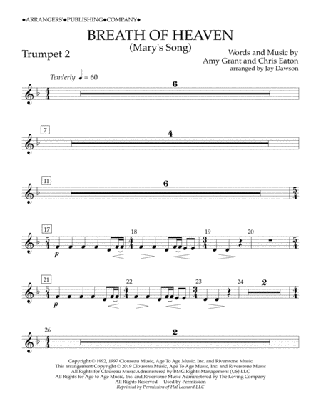 Breath Of Heaven Marys Song Arr Jay Dawson Trumpet 2 Sheet Music