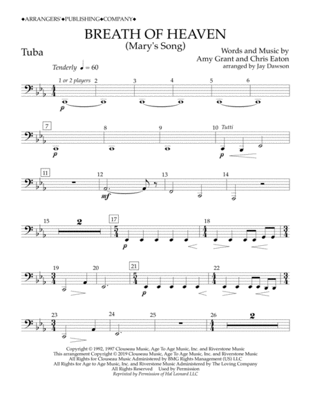 Breath Of Heaven Marys Song Arr Jay Dawson Tuba Sheet Music