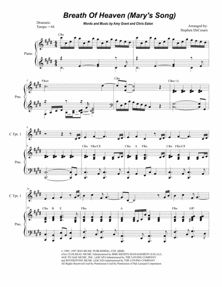 Free Sheet Music Breath Of Heaven Marys Song Duet For C Trumpet