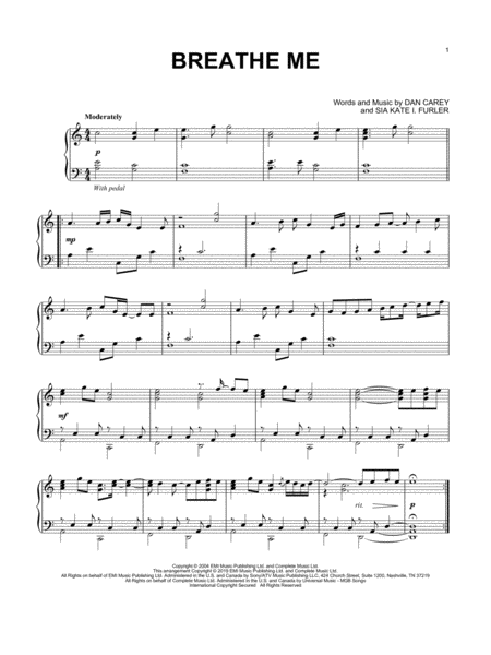 Free Sheet Music Breathe Me