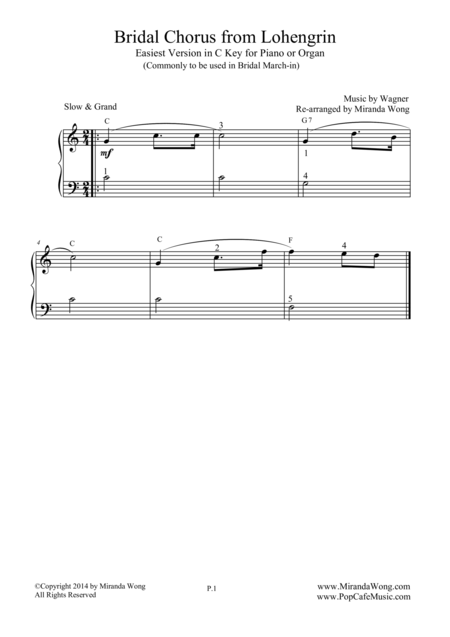 Bridal Chorus Easiest Piano Version In C Key Bridal March Sheet Music