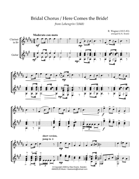 Free Sheet Music Bridal Chorus Here Comes The Bride For Clarinet In Bb And Guitar