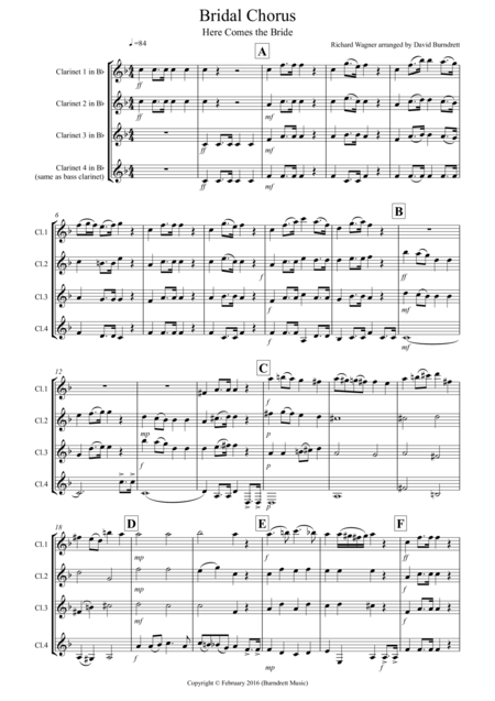 Bridal Chorus Here Comes The Bride For Clarinet Quartet Sheet Music