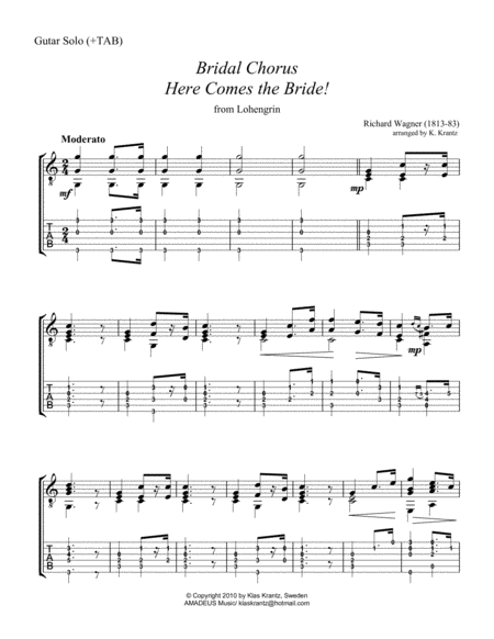 Bridal Chorus Here Comes The Bride For Easy Guitar Solo Tab Sheet Music