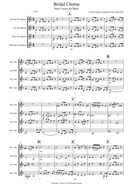 Bridal Chorus Here Comes The Bride For Saxophone Quartet Sheet Music