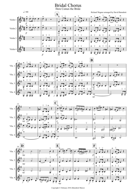 Bridal Chorus Here Comes The Bride For Violin Quartet Sheet Music