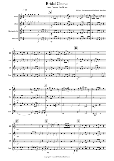 Free Sheet Music Bridal Chorus Here Comes The Bride For Wind Quartet