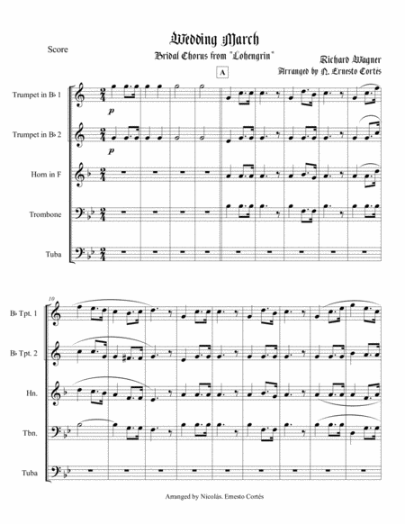 Bridal Chorus Wagner For Brass Quintet Sheet Music