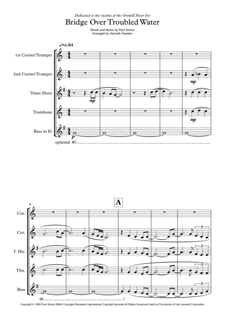 Bridge Over Troubled Water Brass Quintet Sheet Music