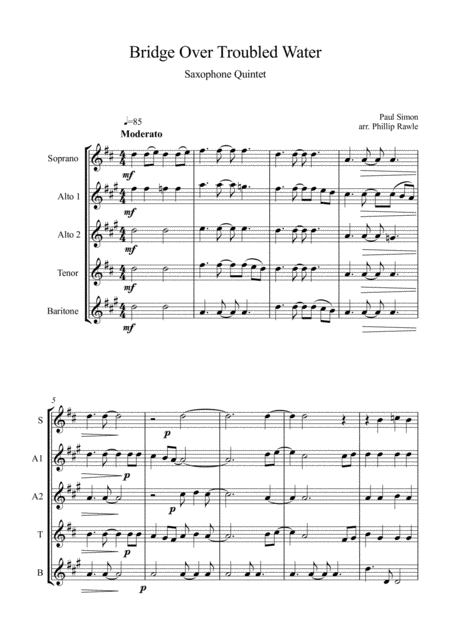 Bridge Over Troubled Water Saxophone Quintet Sheet Music