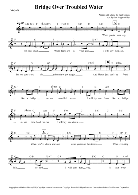 Bridge Over Troubled Water Vocals W Chords Sheet Music