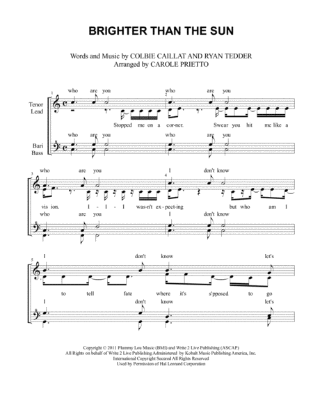 Brighter Than The Sun Quartet Pricing Sheet Music