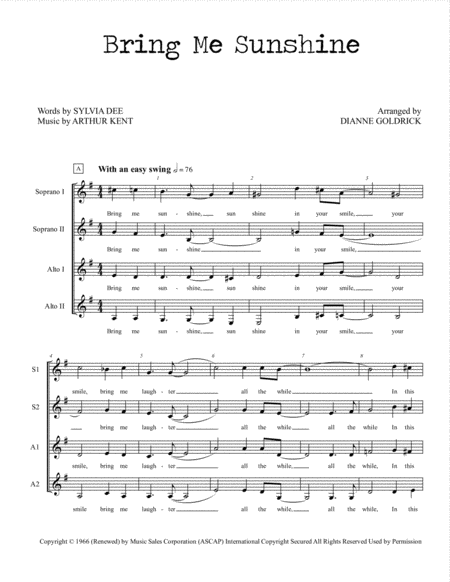 Bring Me Sunshine Ssaa A Cappella Sheet Music