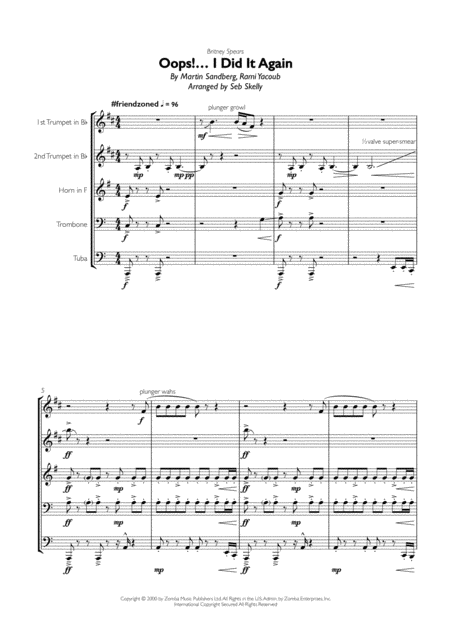 Britney Spears Oops I Did It Again For Brass Quintet Sheet Music