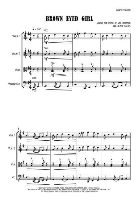 Free Sheet Music Brown Eyed Girl String Quartet