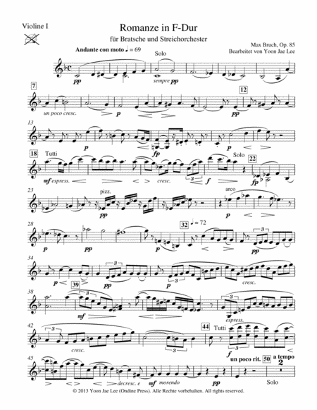 Bruch Arr Lee Romance In F Major For Viola And String Orchestra Op 85 Set Of Parts Sheet Music