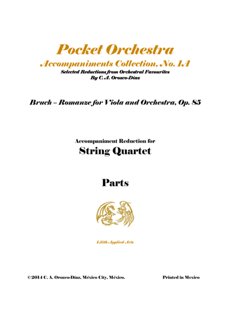 Bruch Romanze For Viola And Orchestra Op 85 Accompaniment Reduction For String Quartet Parts Sheet Music