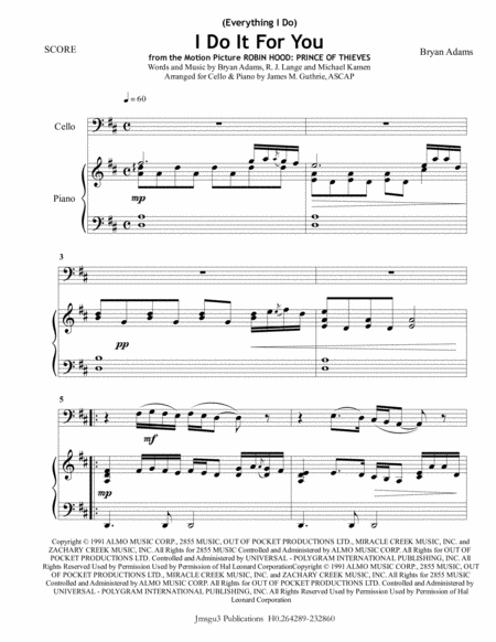 Bryan Adams Everything I Do I Do It For You For Cello Piano Sheet Music