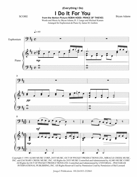 Bryan Adams Everything I Do I Do It For You For Euphonium Piano Sheet Music