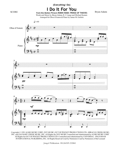 Bryan Adams Everything I Do I Do It For You For Oboe D Amore Piano Sheet Music