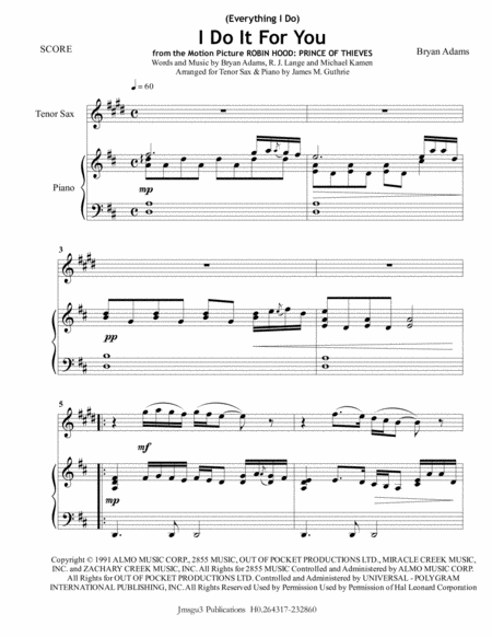 Free Sheet Music Bryan Adams Everything I Do I Do It For You For Tenor Sax Piano