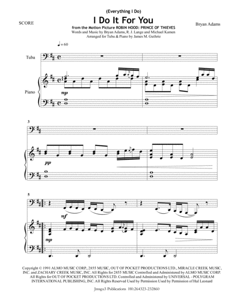 Bryan Adams Everything I Do I Do It For You For Tuba Piano Sheet Music