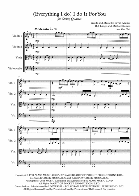 Bryan Adams Everything I Do I Do It For You String Quartet Sheet Music