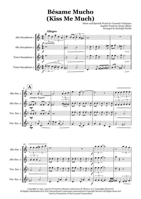 Bsame Mucho Kiss Me Much Saxophone Quartet Aatt Sheet Music