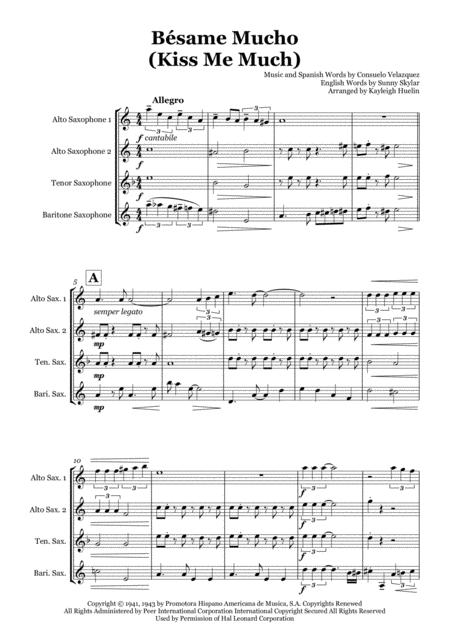 Bsame Mucho Kiss Me Much Saxophone Quartet Satb Sheet Music